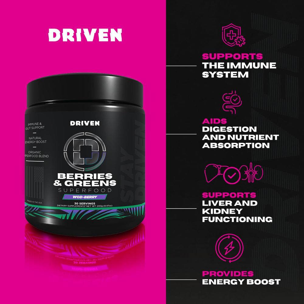 Driven B&G organic berries and greens highlight clean, plant-based ingredients.