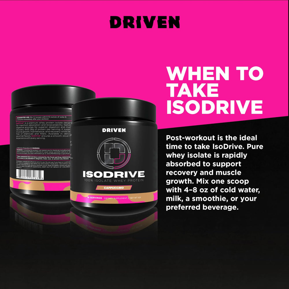 Driven Nutrition ISODRIVE Cappuccino shake in glass shows creamy texture and on-the-go fueling.