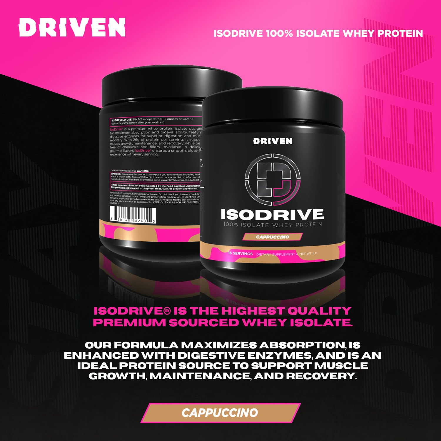 Driven Nutrition ISODRIVE Premium Whey Isolate Cappuccino pour captures smooth taste and quick mixability.
