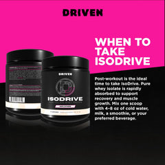 ISODRIVE ingredient panel emphasizes ultra-bioavailable whey isolate for fast absorption.