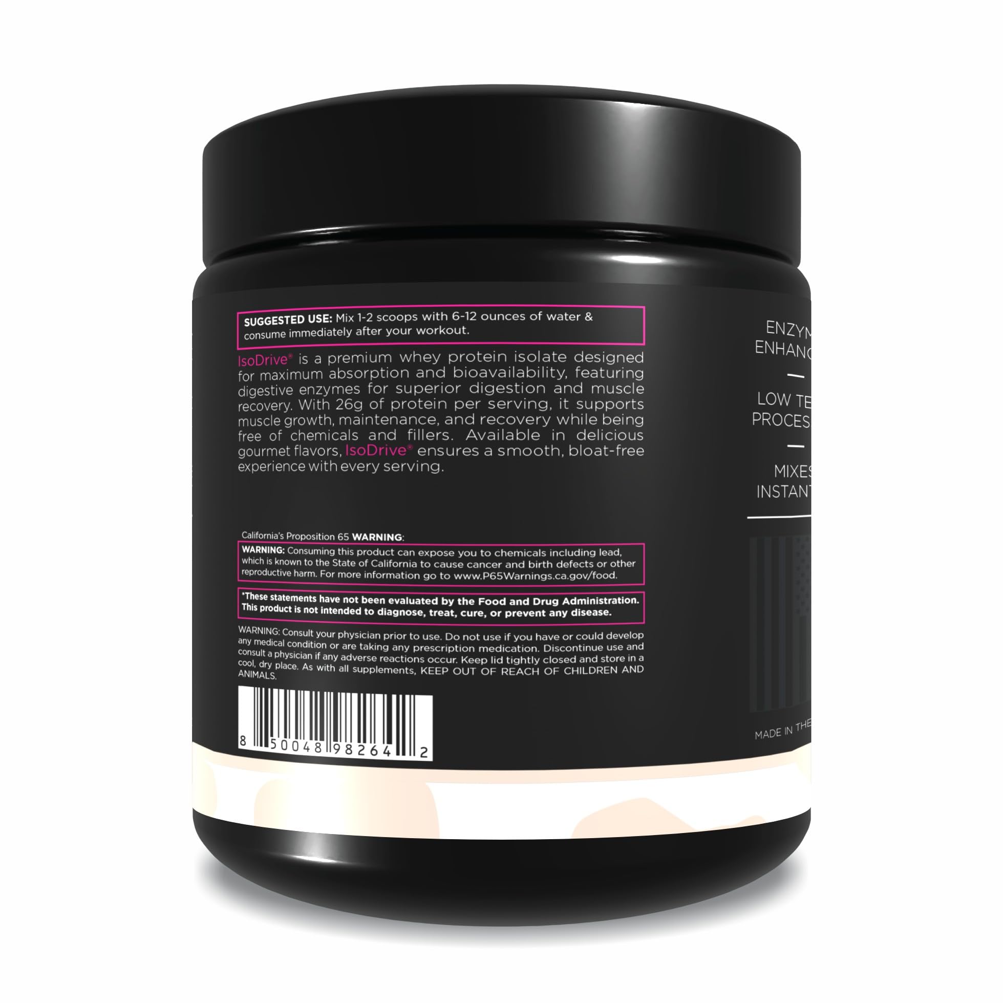 ISODRIVE nutrition facts panel highlights 24 g protein per scoop.