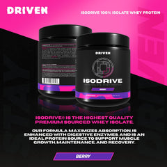 ISODRIVE Berry scoop shows 24g protein per serving.