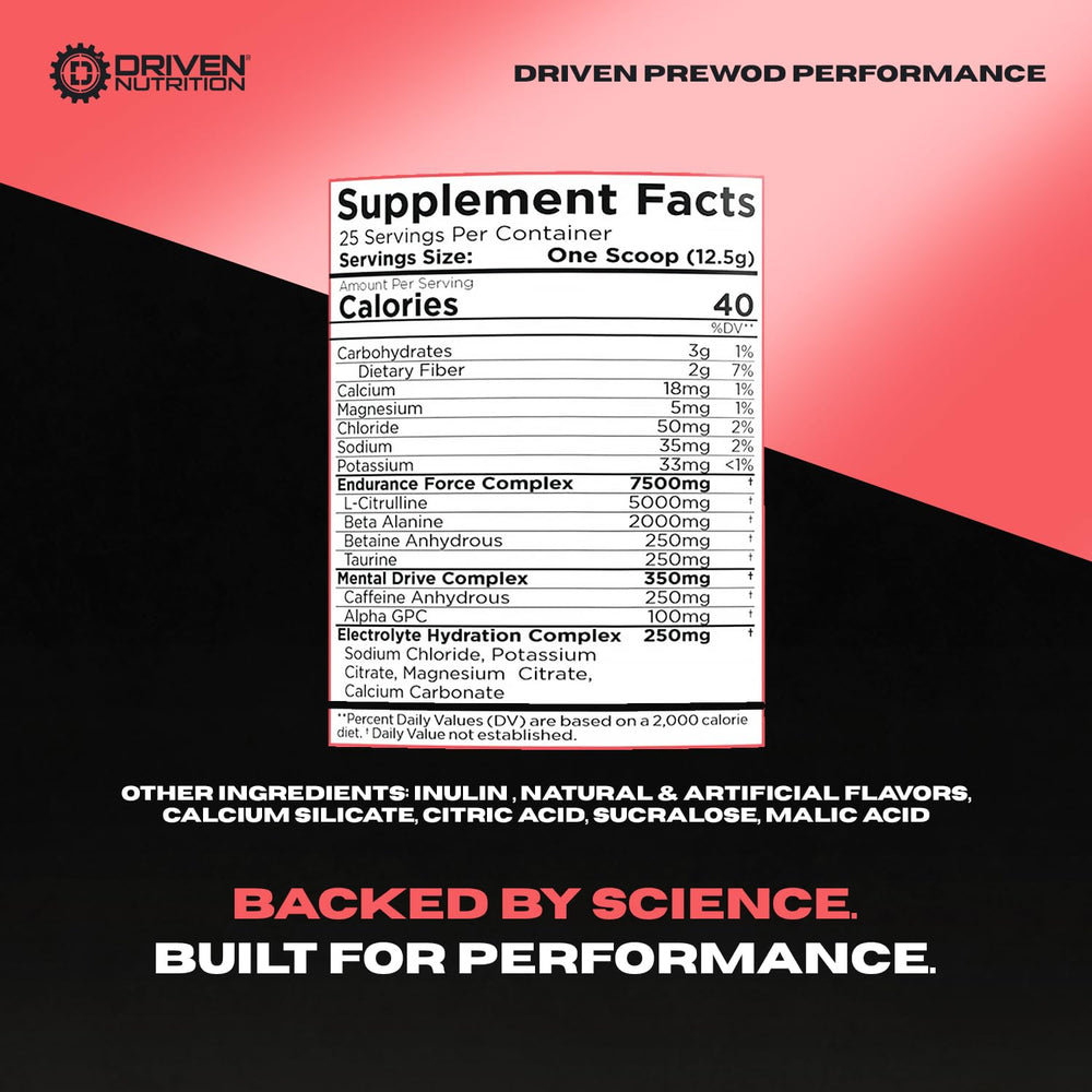 Driven Nutrition PRE WOD Blazin’ Cherry poured before evening workouts for steadier focus.
