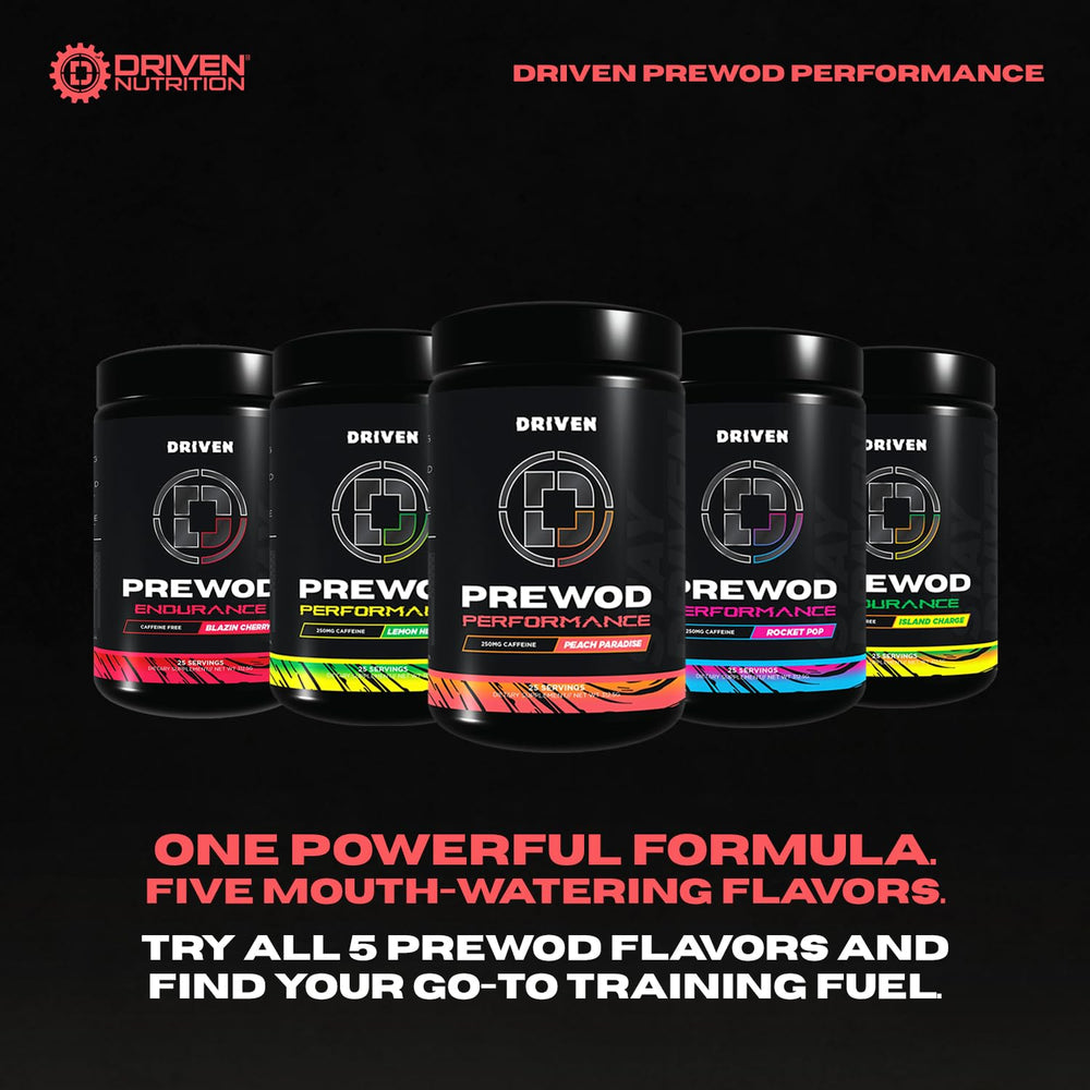 Driven Nutrition PRE WOD powder showing transparent label and clear ingredients.