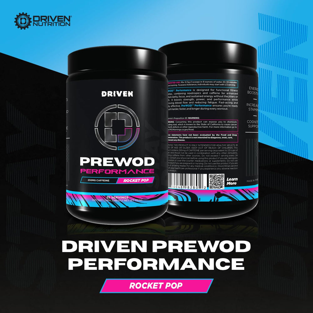 Driven Nutrition PRE WOD Lemon Headrush tub for crisp focus during sessions.