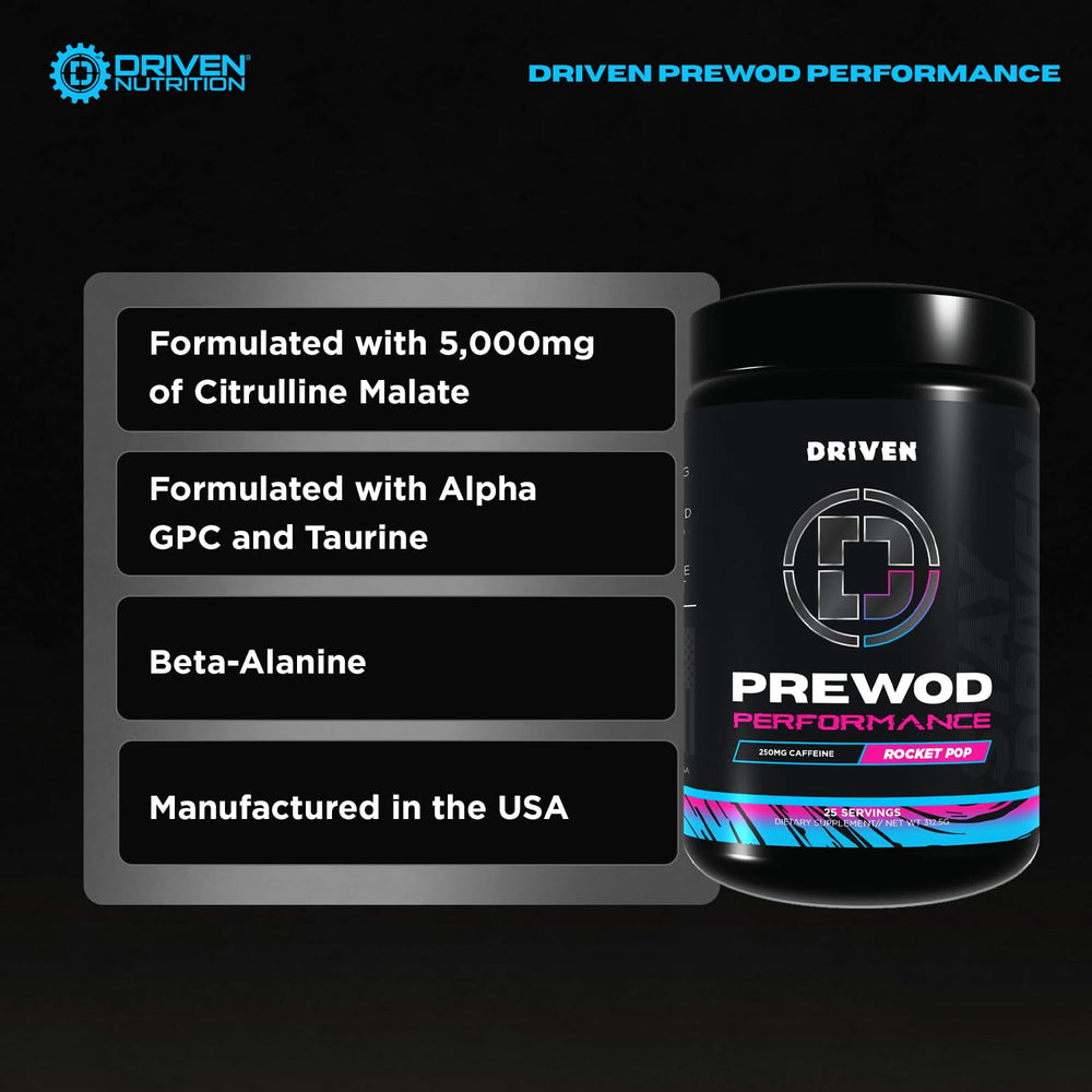 Driven Nutrition PRE WOD Peach Paradise tub aids stamina and hydration.
