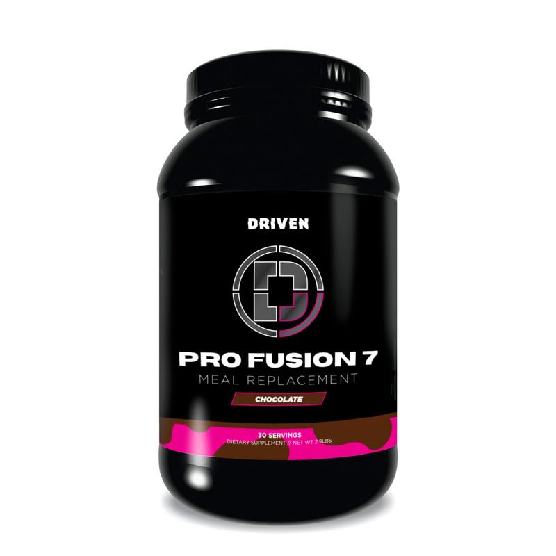 Driven Nutrition ProFusion7 chocolate shake pour demonstrating meal replacement convenience.