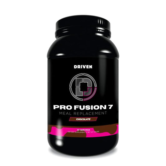 Driven Nutrition ProFusion7 chocolate shake pour demonstrating meal replacement convenience.