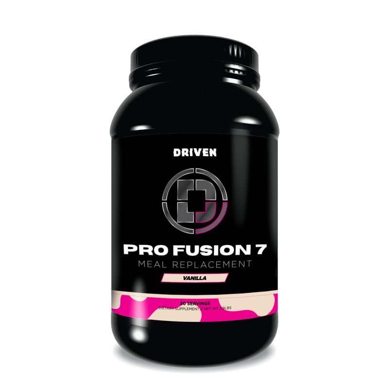 Driven Nutrition ProFusion7 vanilla bottle highlighting protein-rich blend for balanced fueling.