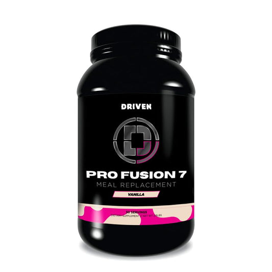 Driven Nutrition ProFusion7 vanilla bottle highlighting protein-rich blend for balanced fueling.