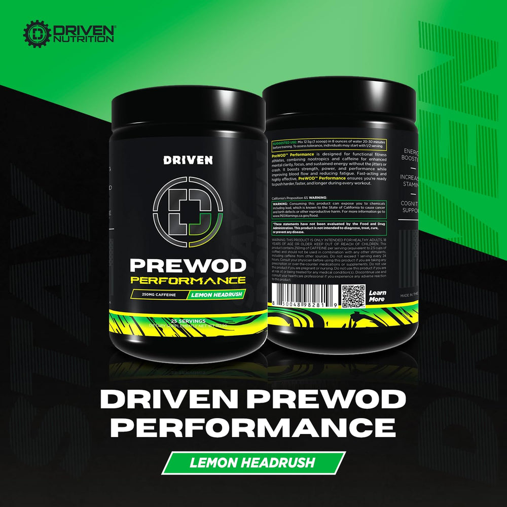Driven Nutrition Pre WOD Lemon HeadRush scoop with smooth flavor and focus.