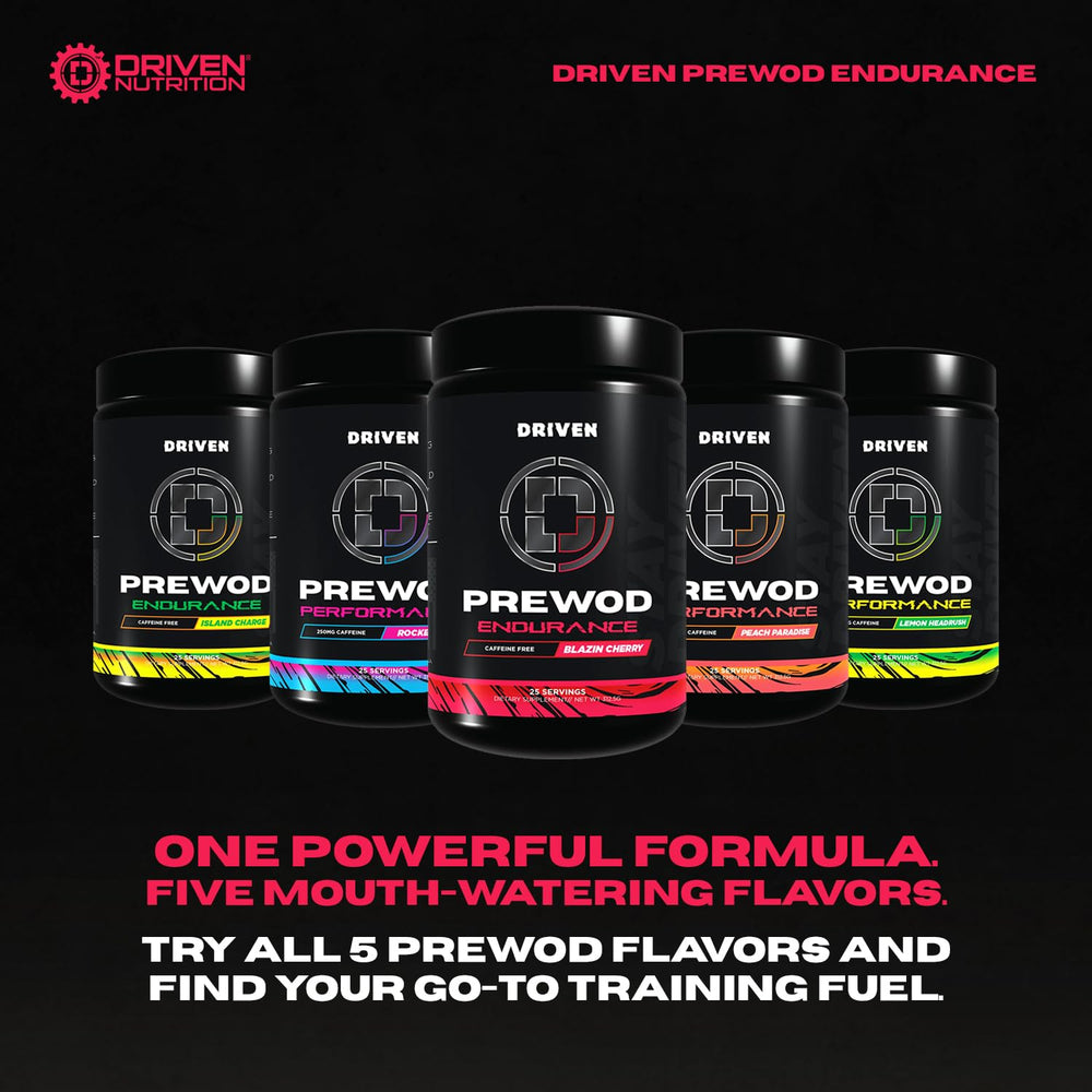 Driven PREWOD caffeine-free blazin cherry powder poured in a glass with ice