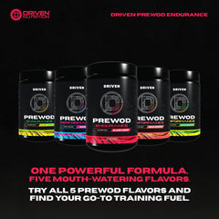 Driven PREWOD caffeine-free blazin cherry powder poured in a glass with ice