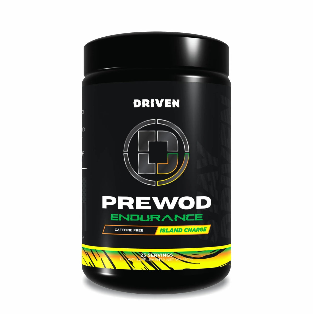 Driven PREWOD bottle front view showing stimulant-free focus for training