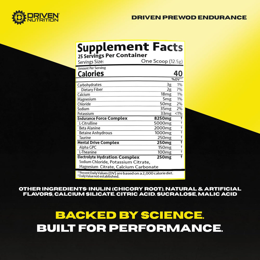 Driven PREWOD ingredients label close-up featuring key actives
