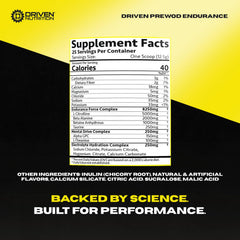 Driven PREWOD ingredients label close-up featuring key actives
