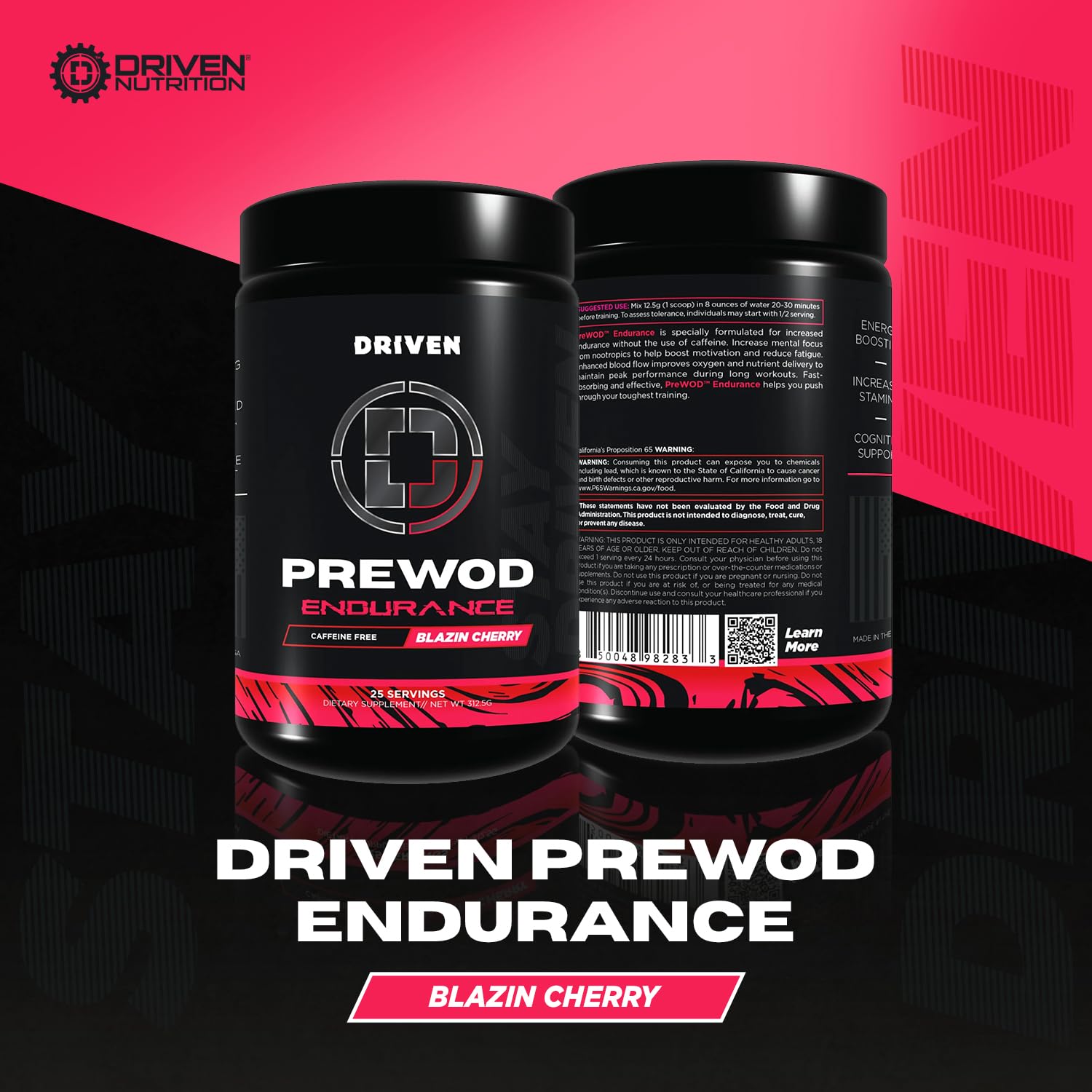 Driven PREWOD caffeine-free tub label highlighting stimulant-free focus