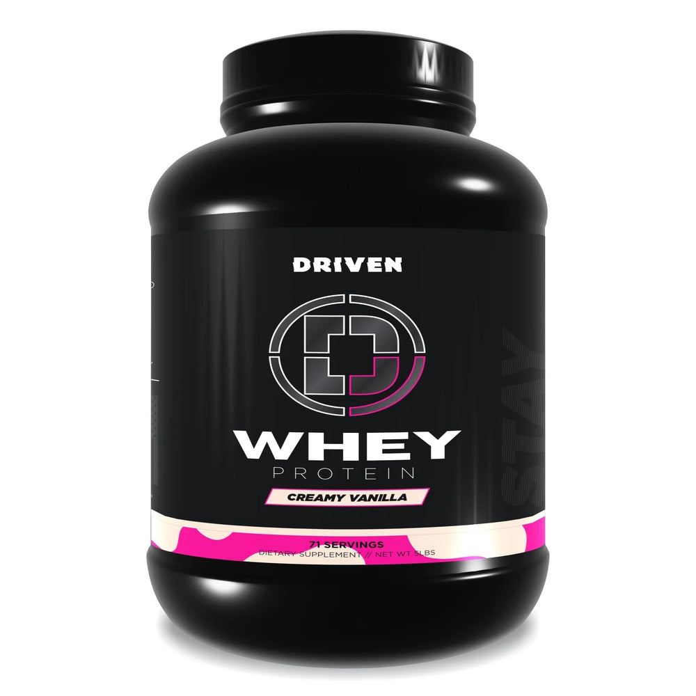 Driven Whey canister in Creamy Vanilla for recovery and lean growth.