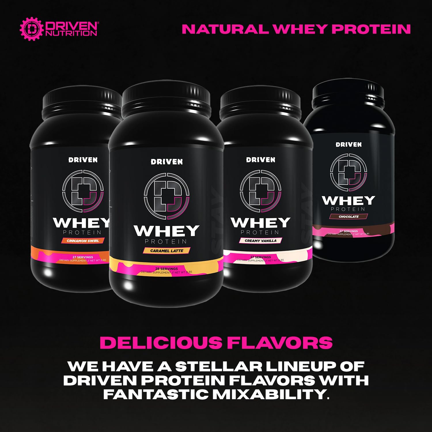 Driven WHEY caramel latte flavor label on the container
