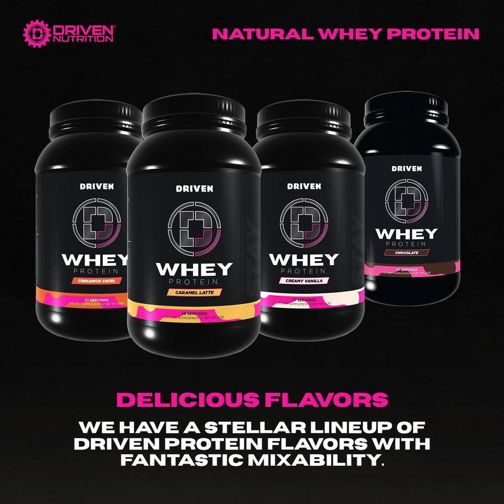Driven WHEY caramel latte flavor label on the container