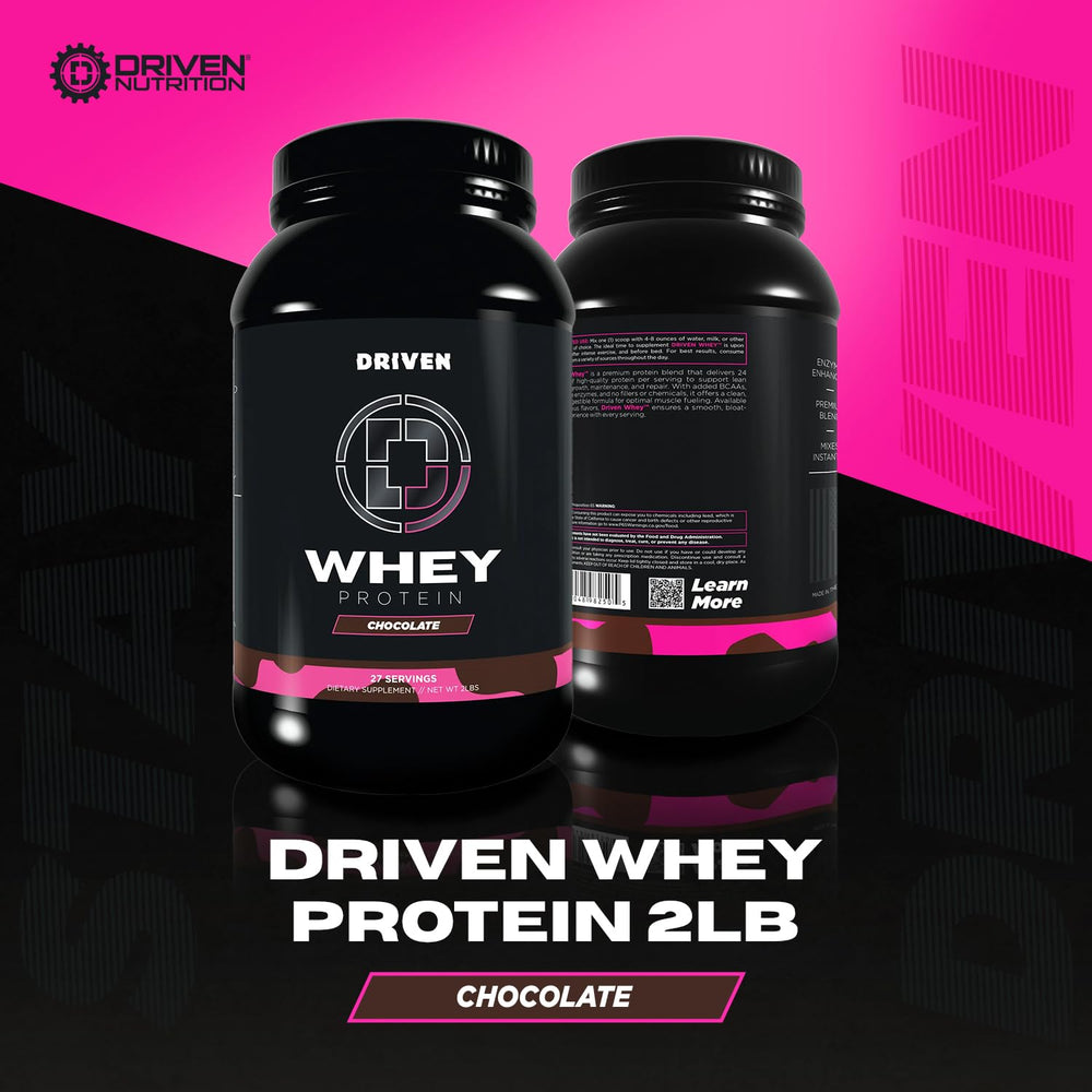 Driven WHEY chocolate milkshake powder being poured with rich flavor