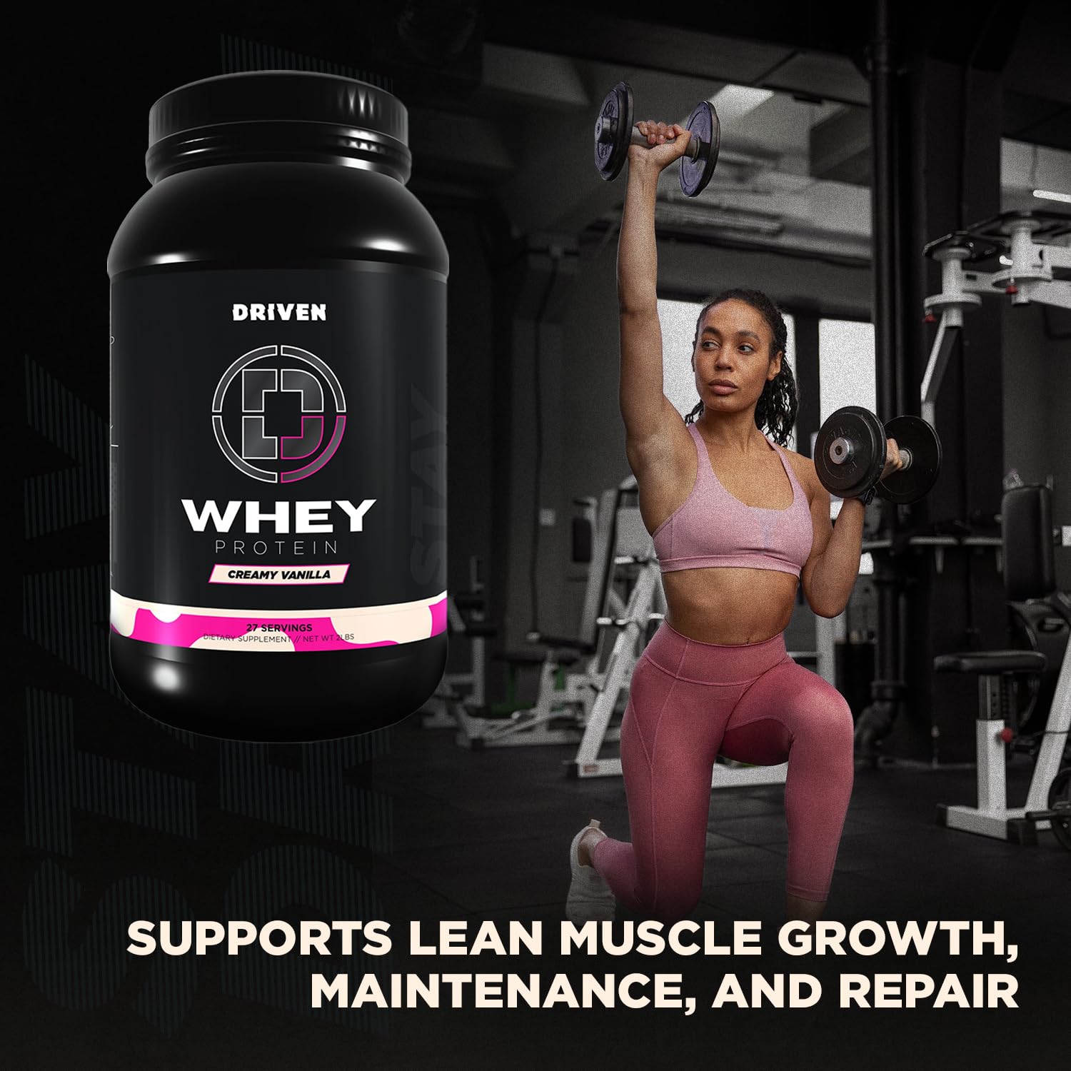 Digestive enzymes icon beside Driven WHEY label to support digestion