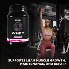Digestive enzymes icon beside Driven WHEY label to support digestion
