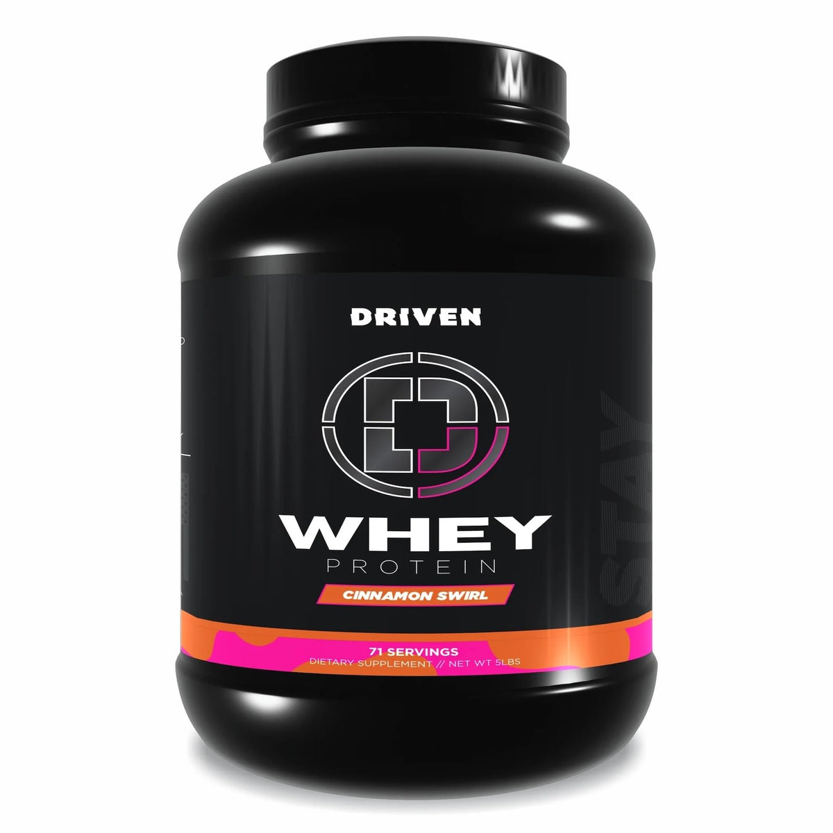 Driven WHEY grass-fed Cinnamon Roll tub for clean protein powder.