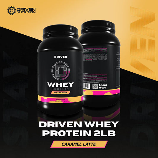 Driven WHEY protein bottle side view highlighting protein content and bottle design