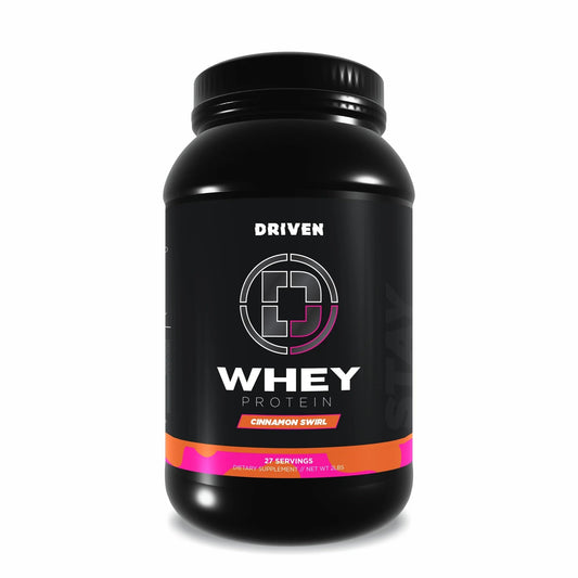 Driven WHEY grass-fed powder tub with Cinnamon Roll flavor ready for use