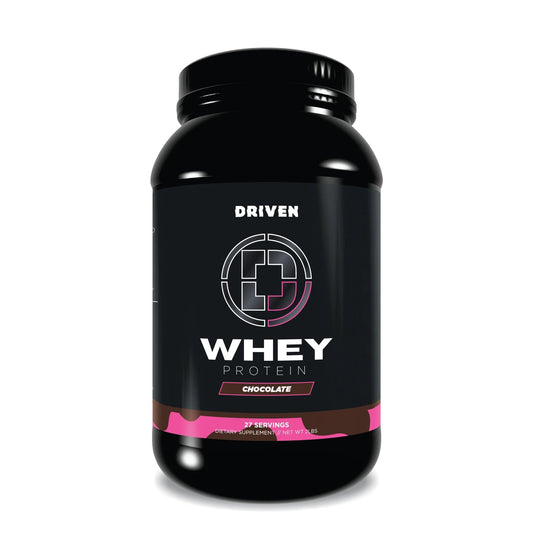 Driven WHEY grass-fed whey protein tub closeup supports muscle recovery after workouts