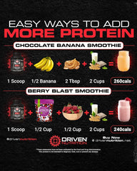 Driven WHEY nutrition facts label visible on the tub