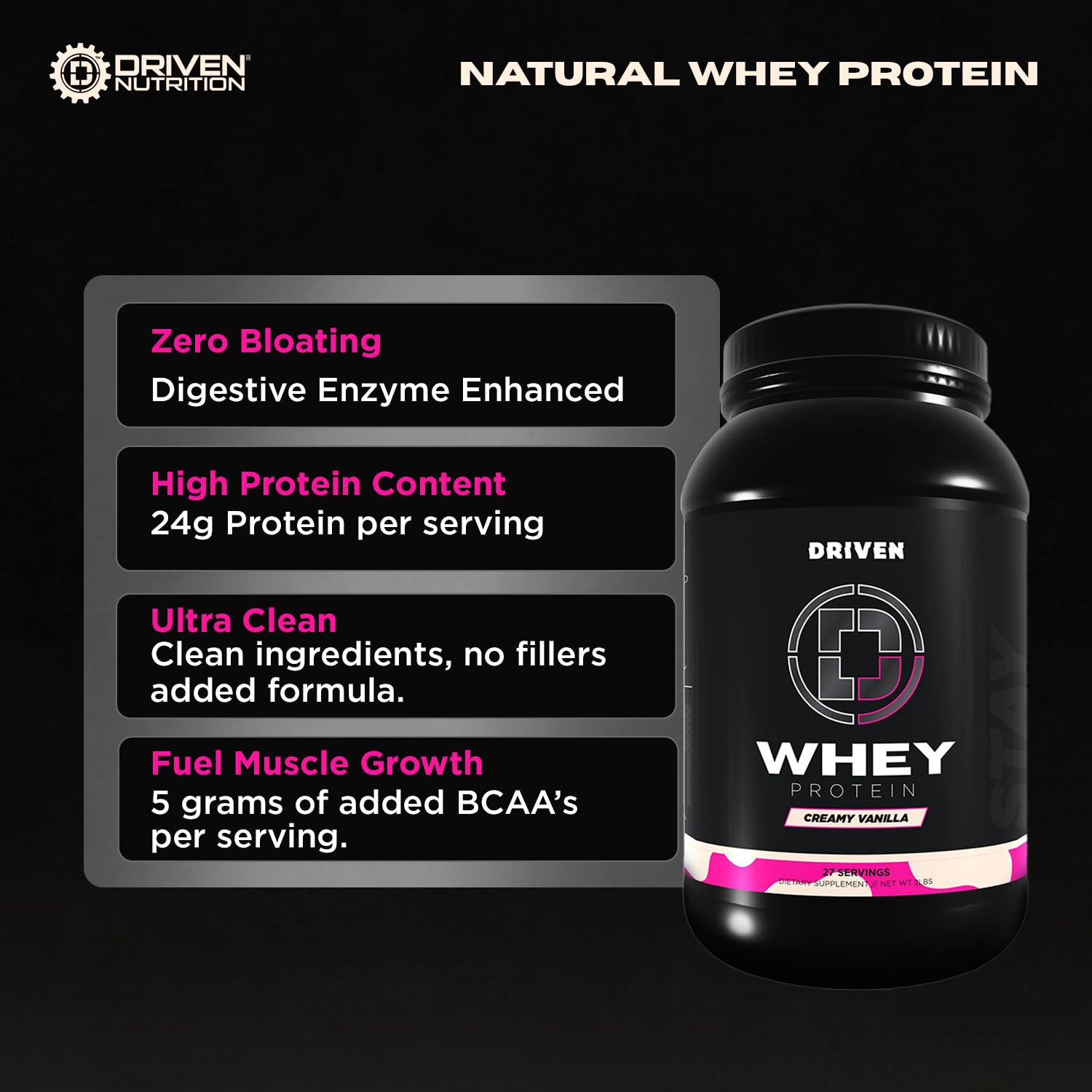 Glass of vanilla Driven WHEY after training with creamy texture