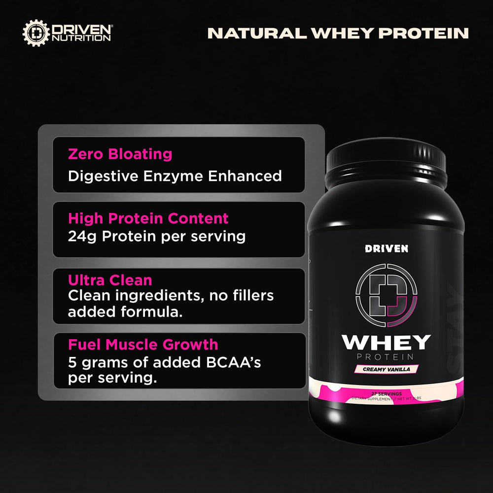 Glass of vanilla Driven WHEY after training with creamy texture