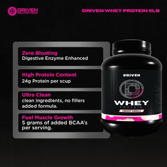 Close-up of Driven Whey powder texture emphasizing instantized blend.
