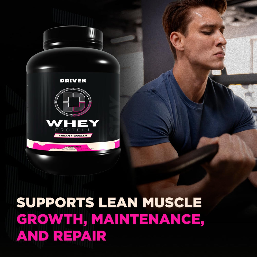 Driven Whey scoop beside glass of vanilla shake highlighting flavor.