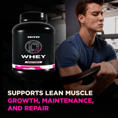 Driven Whey scoop beside glass of vanilla shake highlighting flavor.