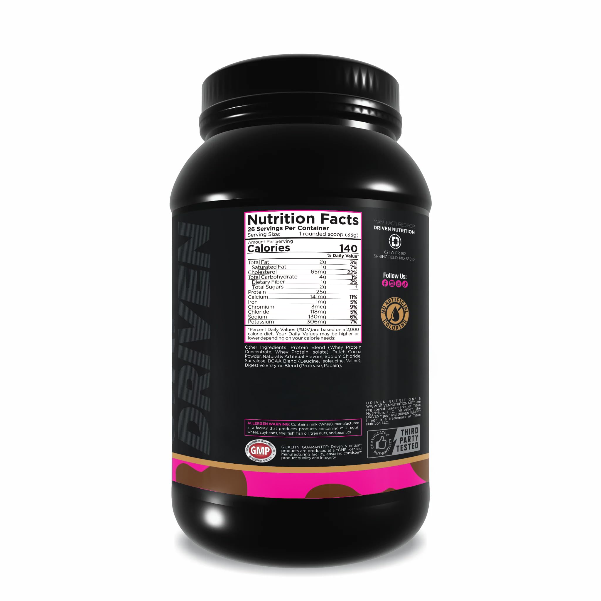 Driven WHEY shake pouring into glass, convenient protein boost after training.