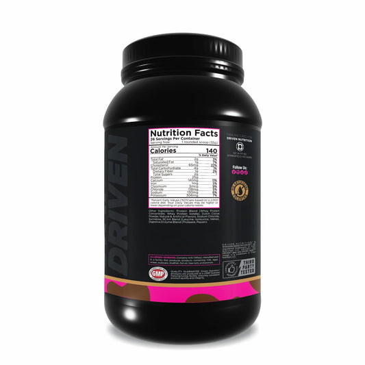 Driven WHEY shake pouring into glass, convenient protein boost after training.