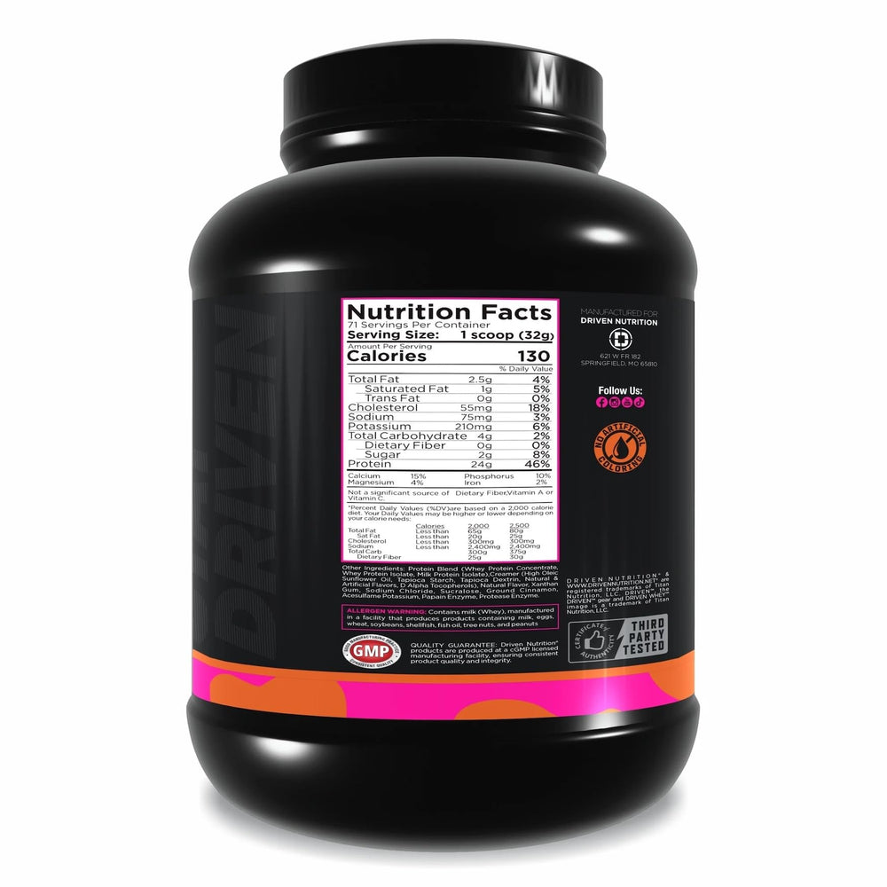Driven WHEY shake being poured into glass for post-workout nutrition.