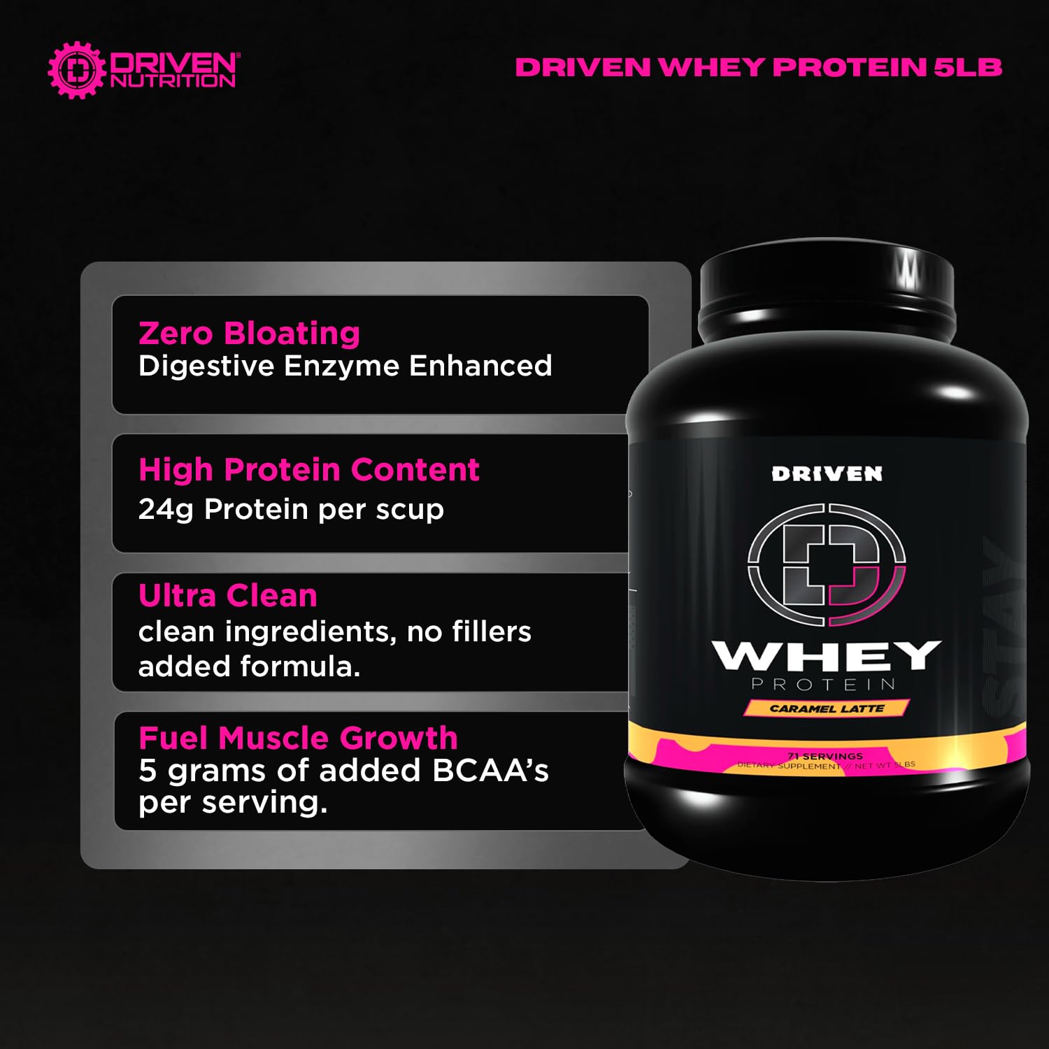 Driven Whey shake poured into glass demonstrating smooth mixability for easy shakes.