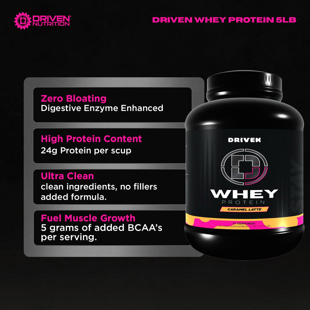 Driven Whey shake poured into glass demonstrating smooth mixability for easy shakes.