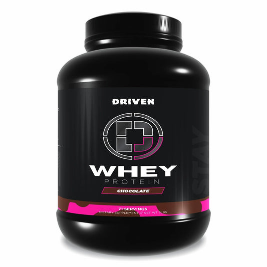 Driven Whey tub in chocolate flavor close-up showing rich color for post-workout enjoyment