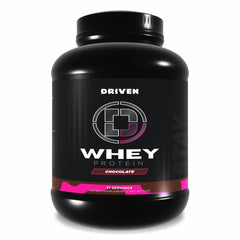 Driven Whey tub in chocolate flavor close-up showing rich color for post-workout enjoyment