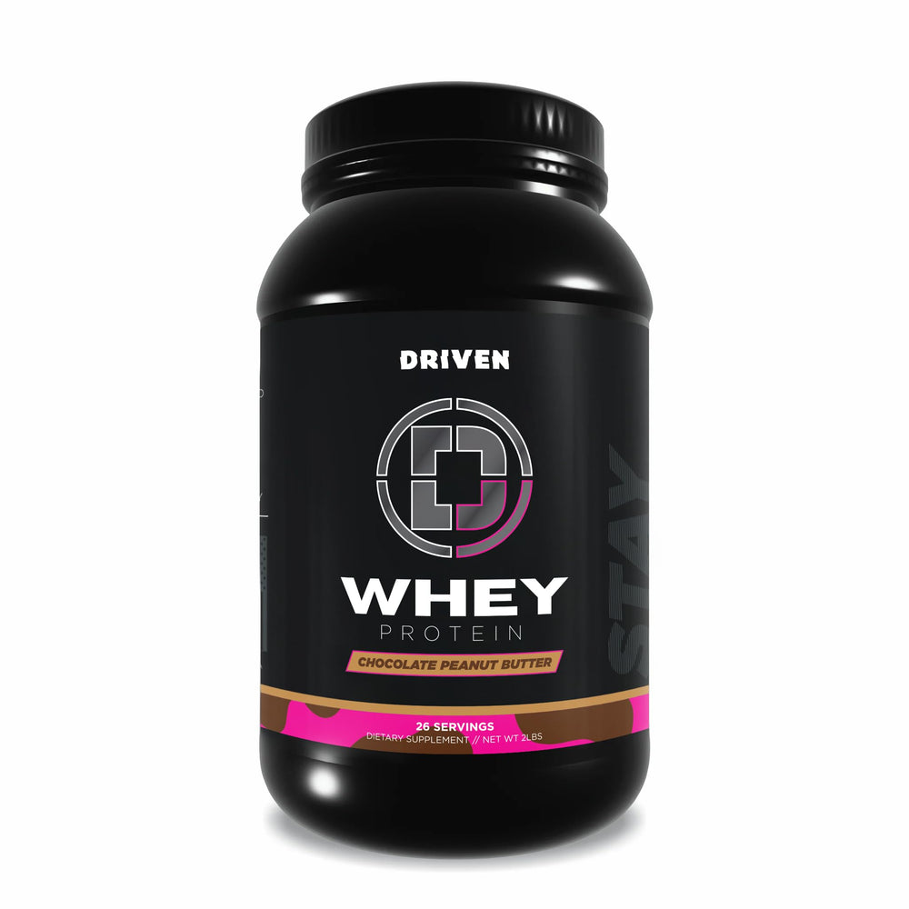 Driven WHEY tub in Chocolate Peanut Butter flavor, rich protein source for post-workout recovery.