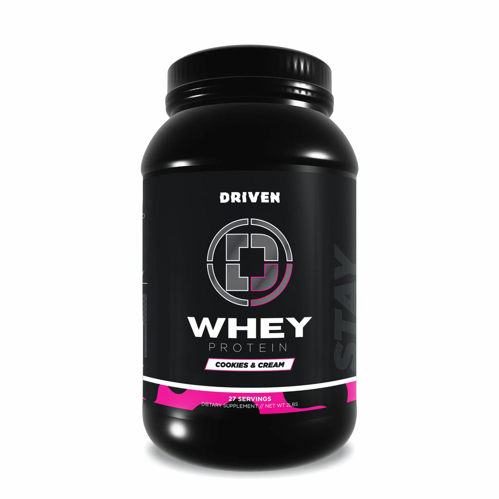 Driven WHEY Cookies & Cream tub front view for post-workout recovery.