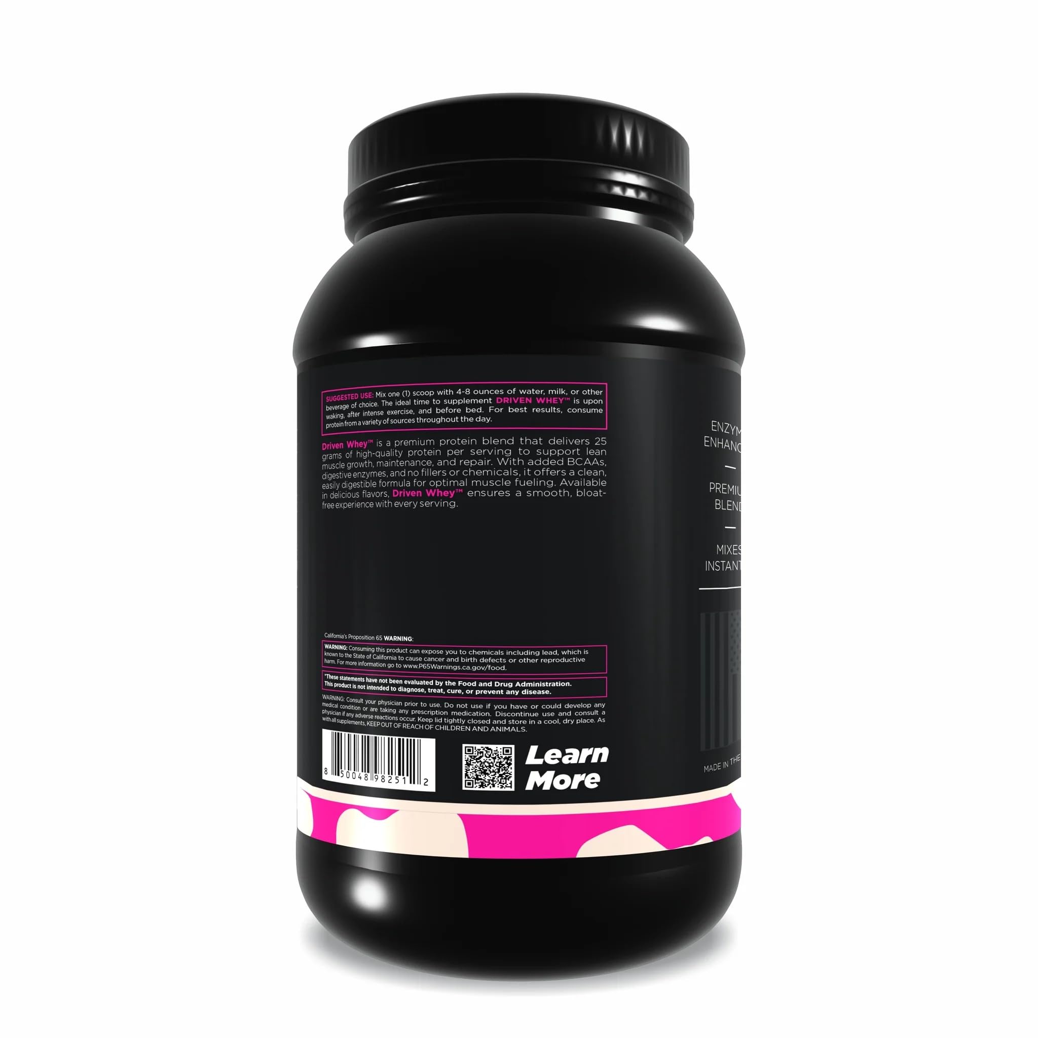 2 lb tub of Driven WHEY on kitchen shelf