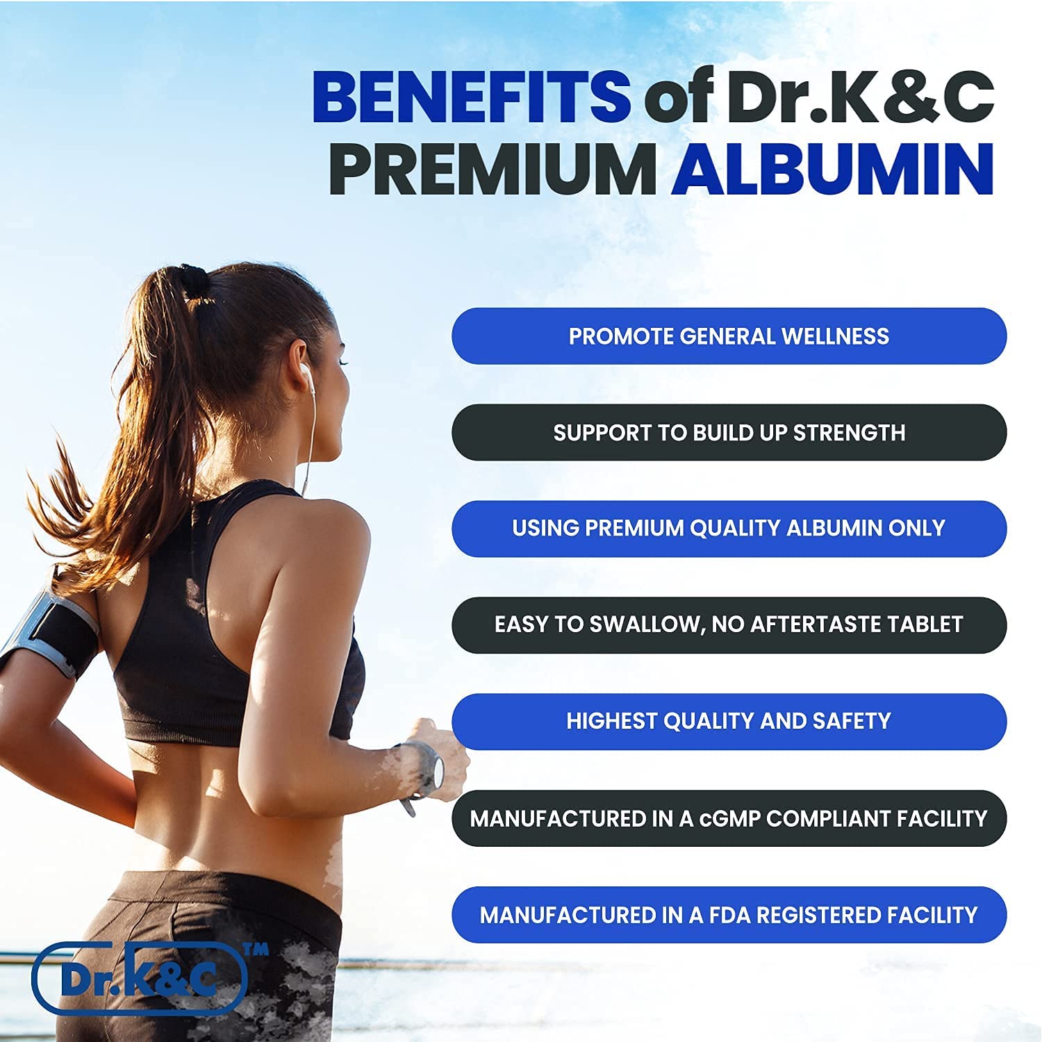 Lifestyle scene with Dr.K&C albumin in daily routine and energy support.