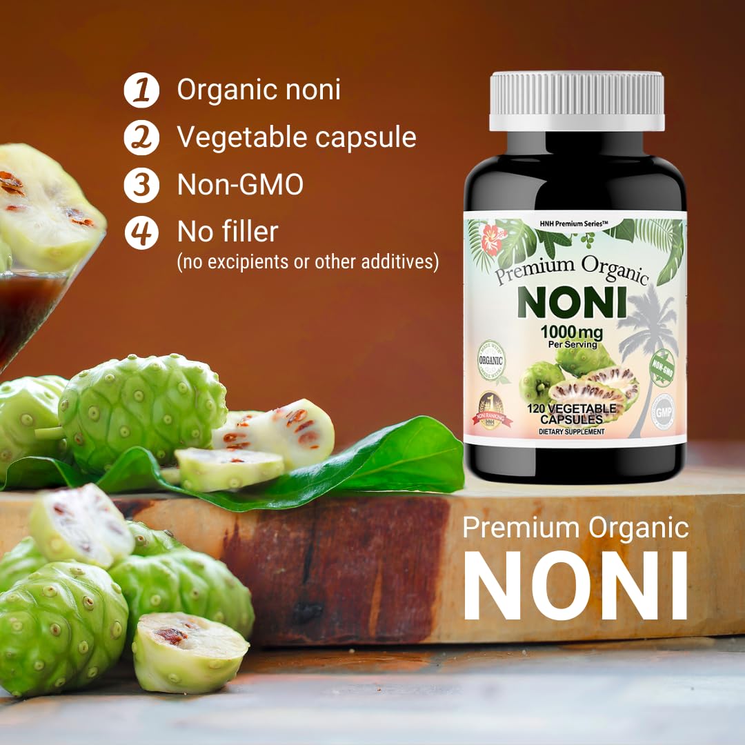 Close-up of Noni ingredients panel showing whole fruit powder.