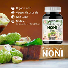 Close-up of Noni ingredients panel showing whole fruit powder.